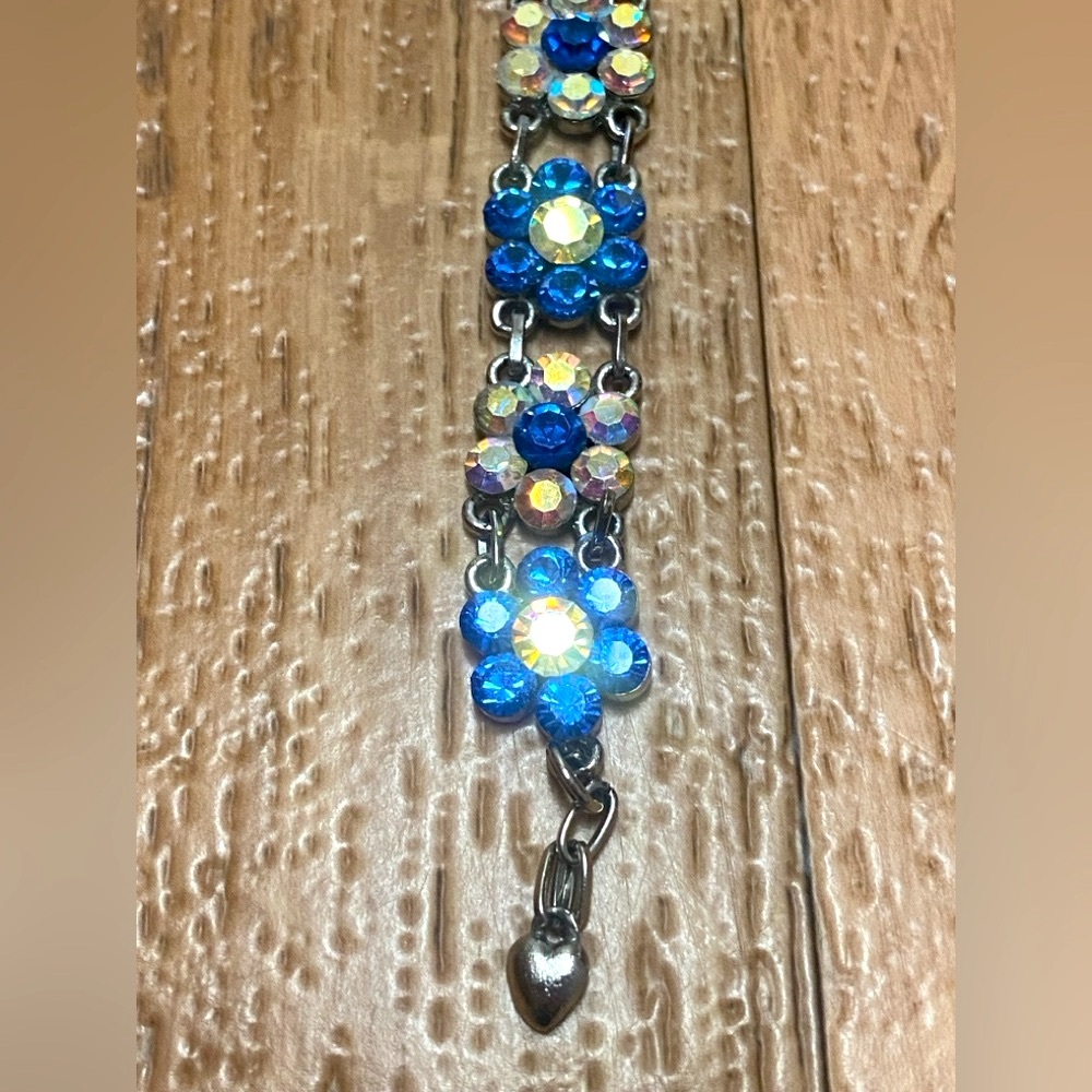 Hand Crafted Spring Floral Bag Charm With Blue & Aurora Borealis Rhinestones - Picture 5 of 7